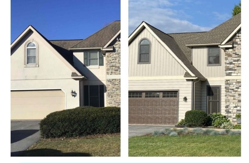 home exterior makeover with new siding, stone and doors